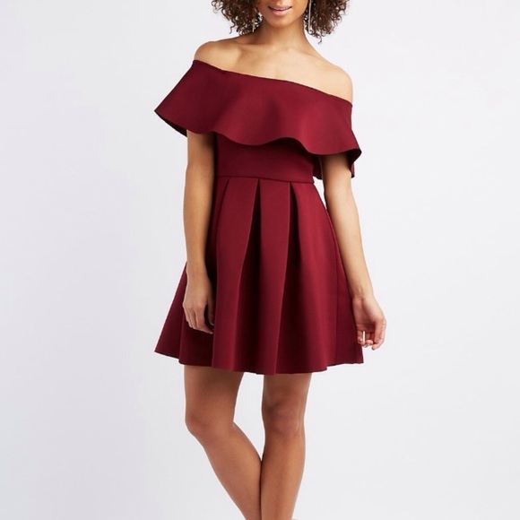 Charlotte Russe Dresses & Skirts - NWT Off Shoulder Burgundy Ruffle Fit Flare Dress